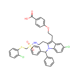 O=C(O)c1ccc(OCCc2c(CCNS(=O)(=O)CSc3ccccc3Cl)n(C(c3ccccc3)c3ccccc3)c3ccc(Cl)cc23)cc1 ZINC000095614992