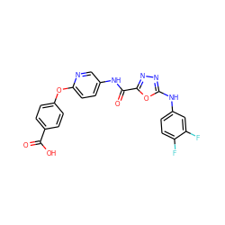 O=C(O)c1ccc(Oc2ccc(NC(=O)c3nnc(Nc4ccc(F)c(F)c4)o3)cn2)cc1 ZINC000103298301