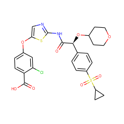 O=C(O)c1ccc(Oc2cnc(NC(=O)[C@@H](OC3CCOCC3)c3ccc(S(=O)(=O)C4CC4)cc3)s2)cc1Cl ZINC000220908911