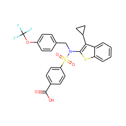 O=C(O)c1ccc(S(=O)(=O)N(Cc2ccc(OC(F)(F)F)cc2)c2sc3ccccc3c2C2CC2)cc1 ZINC000115229736