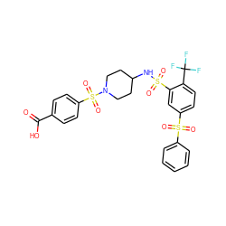 O=C(O)c1ccc(S(=O)(=O)N2CCC(NS(=O)(=O)c3cc(S(=O)(=O)c4ccccc4)ccc3C(F)(F)F)CC2)cc1 ZINC000049757297