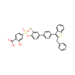 O=C(O)c1ccc(S(=O)(=O)Oc2ccc(-c3ccc(-c4c(Cc5ccccc5)sc5ccccc45)cc3)cc2Br)cc1O ZINC000003981792