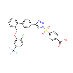 O=C(O)c1ccc(S(=O)(=O)n2cc(-c3ccc(-c4ccccc4COc4cc(C(F)(F)F)ccc4Cl)cc3)nn2)cc1 ZINC000084654552