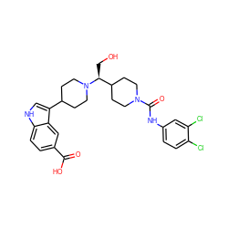 O=C(O)c1ccc2[nH]cc(C3CCN([C@@H](CO)C4CCN(C(=O)Nc5ccc(Cl)c(Cl)c5)CC4)CC3)c2c1 ZINC000029043983