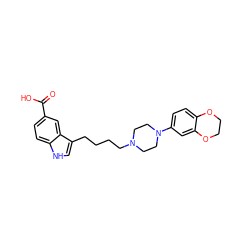 O=C(O)c1ccc2[nH]cc(CCCCN3CCN(c4ccc5c(c4)OCCO5)CC3)c2c1 ZINC000013582471