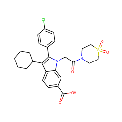 O=C(O)c1ccc2c(C3CCCCC3)c(-c3ccc(Cl)cc3)n(CC(=O)N3CCS(=O)(=O)CC3)c2c1 ZINC000013646590