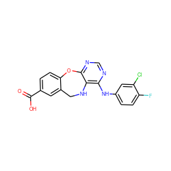 O=C(O)c1ccc2c(c1)CNc1c(Nc3ccc(F)c(Cl)c3)ncnc1O2 ZINC000034799967