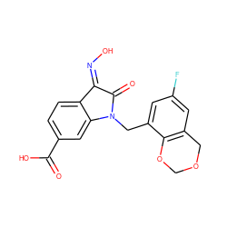 O=C(O)c1ccc2c(c1)N(Cc1cc(F)cc3c1OCOC3)C(=O)/C2=N\O ZINC000043018834