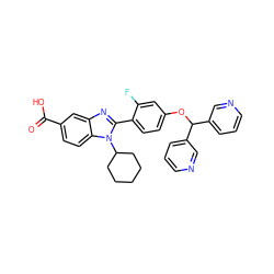 O=C(O)c1ccc2c(c1)nc(-c1ccc(OC(c3cccnc3)c3cccnc3)cc1F)n2C1CCCCC1 ZINC000028572604