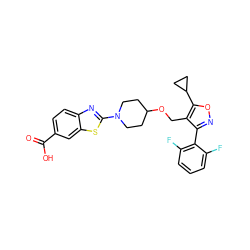 O=C(O)c1ccc2nc(N3CCC(OCc4c(-c5c(F)cccc5F)noc4C4CC4)CC3)sc2c1 ZINC000144497301