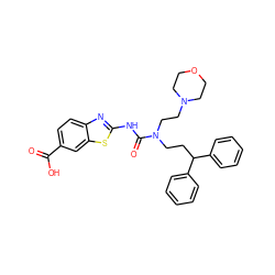 O=C(O)c1ccc2nc(NC(=O)N(CCC(c3ccccc3)c3ccccc3)CCN3CCOCC3)sc2c1 ZINC000096258256