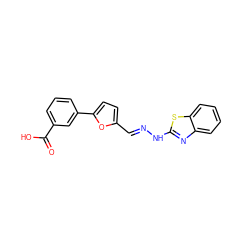 O=C(O)c1cccc(-c2ccc(/C=N/Nc3nc4ccccc4s3)o2)c1 ZINC000004478072