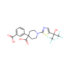 O=C(O)c1cccc(C2(C(=O)O)CCN(c3ncc(C(O)(C(F)(F)F)C(F)(F)F)s3)CC2)c1 ZINC000064549278