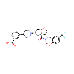 O=C(O)c1cccc(C2CCN([C@@H]3C[C@H]4OCC[C@@]4(C(=O)N4COc5ccc(C(F)(F)F)cc5C4)C3)CC2)c1 ZINC000169334925