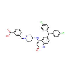 O=C(O)c1cccc(CN2CCC(Nc3cc(=O)[nH]c4ccc(C(c5ccc(Cl)cc5)c5ccc(Cl)cc5)cc34)CC2)c1 ZINC001772609840