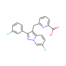 O=C(O)c1cccc(Cc2c(-c3cccc(Cl)c3)nn3cc(Cl)ccc23)n1 ZINC000205658667