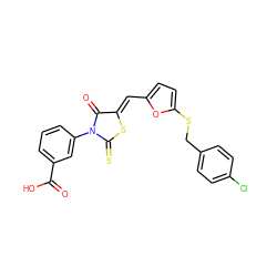 O=C(O)c1cccc(N2C(=O)/C(=C/c3ccc(SCc4ccc(Cl)cc4)o3)SC2=S)c1 ZINC000013521518