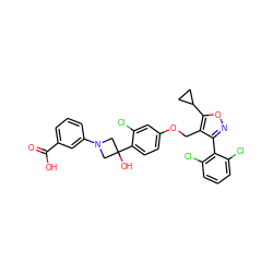 O=C(O)c1cccc(N2CC(O)(c3ccc(OCc4c(-c5c(Cl)cccc5Cl)noc4C4CC4)cc3Cl)C2)c1 ZINC000142027766