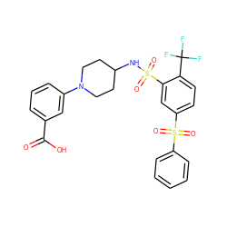 O=C(O)c1cccc(N2CCC(NS(=O)(=O)c3cc(S(=O)(=O)c4ccccc4)ccc3C(F)(F)F)CC2)c1 ZINC000049746589