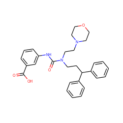 O=C(O)c1cccc(NC(=O)N(CCC(c2ccccc2)c2ccccc2)CCN2CCOCC2)c1 ZINC000095602577