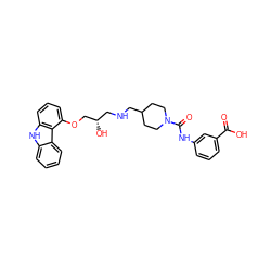 O=C(O)c1cccc(NC(=O)N2CCC(CNC[C@H](O)COc3cccc4[nH]c5ccccc5c34)CC2)c1 ZINC000013819014