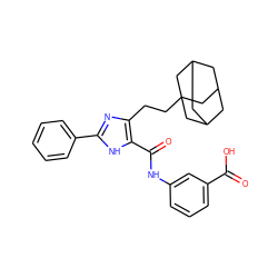 O=C(O)c1cccc(NC(=O)c2[nH]c(-c3ccccc3)nc2CCC23CC4CC(CC(C4)C2)C3)c1 ZINC000013674686