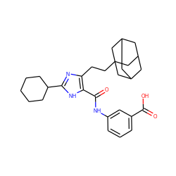 O=C(O)c1cccc(NC(=O)c2[nH]c(C3CCCCC3)nc2CCC23CC4CC(CC(C4)C2)C3)c1 ZINC000013674738