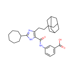 O=C(O)c1cccc(NC(=O)c2[nH]c(C3CCCCCC3)nc2CCC23CC4CC(CC(C4)C2)C3)c1 ZINC000013674740