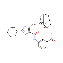 O=C(O)c1cccc(NC(=O)c2nc(C3CCCCC3)[nH]c2COC23CC4CC(CC(C4)C2)C3)c1 ZINC000003942924