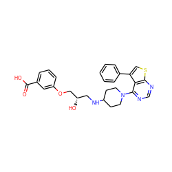 O=C(O)c1cccc(OC[C@@H](O)CNC2CCN(c3ncnc4scc(-c5ccccc5)c34)CC2)c1 ZINC000064539537