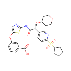 O=C(O)c1cccc(Oc2cnc(NC(=O)[C@H](OC3CCOCC3)c3ccc(S(=O)(=O)C4CCCC4)nc3)s2)c1 ZINC000218897231