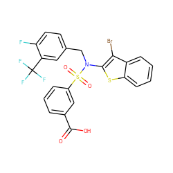 O=C(O)c1cccc(S(=O)(=O)N(Cc2ccc(F)c(C(F)(F)F)c2)c2sc3ccccc3c2Br)c1 ZINC000115235986