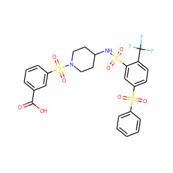 O=C(O)c1cccc(S(=O)(=O)N2CCC(NS(=O)(=O)c3cc(S(=O)(=O)c4ccccc4)ccc3C(F)(F)F)CC2)c1 ZINC000049762877