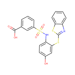 O=C(O)c1cccc(S(=O)(=O)Nc2ccc(O)cc2Sc2nc3ccccc3s2)c1 ZINC000002858535