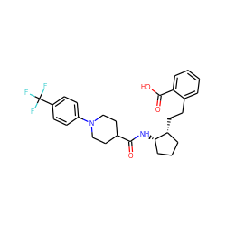 O=C(O)c1ccccc1CC[C@@H]1CCC[C@@H]1NC(=O)C1CCN(c2ccc(C(F)(F)F)cc2)CC1 ZINC001772648823