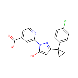 O=C(O)c1ccnc(-n2nc(C3(c4ccc(Cl)cc4)CC3)cc2O)c1 ZINC000146850907