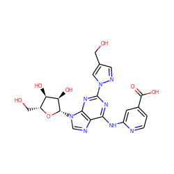 O=C(O)c1ccnc(Nc2nc(-n3cc(CO)cn3)nc3c2ncn3[C@@H]2O[C@H](CO)[C@@H](O)[C@H]2O)c1 ZINC000028817739