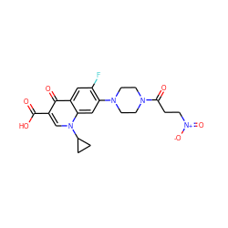 O=C(O)c1cn(C2CC2)c2cc(N3CCN(C(=O)CC[N+](=O)[O-])CC3)c(F)cc2c1=O ZINC000072114683