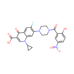 O=C(O)c1cn(C2CC2)c2cc(N3CCN(C(=O)c4cc([N+](=O)[O-])ccc4O)CC3)c(F)cc2c1=O ZINC000653697663