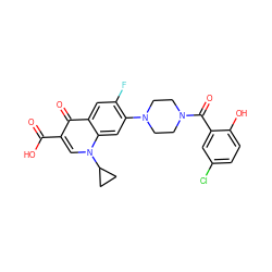 O=C(O)c1cn(C2CC2)c2cc(N3CCN(C(=O)c4cc(Cl)ccc4O)CC3)c(F)cc2c1=O ZINC000653687560