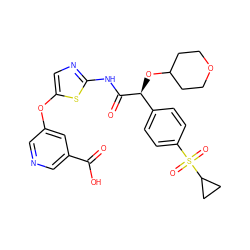 O=C(O)c1cncc(Oc2cnc(NC(=O)[C@@H](OC3CCOCC3)c3ccc(S(=O)(=O)C4CC4)cc3)s2)c1 ZINC000220895851