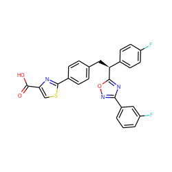 O=C(O)c1csc(-c2ccc(C[C@@H](c3ccc(F)cc3)c3nc(-c4cccc(F)c4)no3)cc2)n1 ZINC000084596404