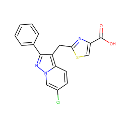 O=C(O)c1csc(Cc2c(-c3ccccc3)nn3cc(Cl)ccc23)n1 ZINC000203415712