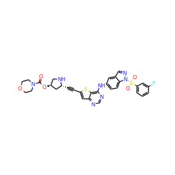 O=C(O[C@H]1CN[C@H](C#Cc2cc3ncnc(Nc4ccc5c(cnn5S(=O)(=O)c5cccc(F)c5)c4)c3s2)C1)N1CCOCC1 ZINC000049833178