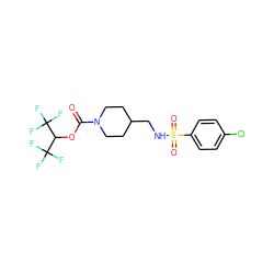 O=C(OC(C(F)(F)F)C(F)(F)F)N1CCC(CNS(=O)(=O)c2ccc(Cl)cc2)CC1 ZINC000199014458