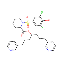 O=C(OC(CCCc1cccnc1)CCCc1cccnc1)[C@@H]1CCCCN1S(=O)(=O)c1cc(Cl)c(O)c(Cl)c1 ZINC000084708824