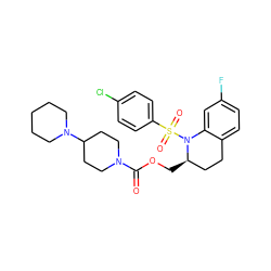 O=C(OC[C@@H]1CCc2ccc(F)cc2N1S(=O)(=O)c1ccc(Cl)cc1)N1CCC(N2CCCCC2)CC1 ZINC000028880510