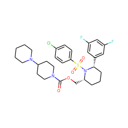 O=C(OC[C@H]1CCC[C@@H](c2cc(F)cc(F)c2)N1S(=O)(=O)c1ccc(Cl)cc1)N1CCC(N2CCCCC2)CC1 ZINC000028816546