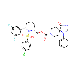 O=C(OC[C@H]1CCC[C@@H](c2cc(F)cc(F)c2)N1S(=O)(=O)c1ccc(Cl)cc1)N1CCC2(CC1)C(=O)NCN2c1ccccc1 ZINC000028879218