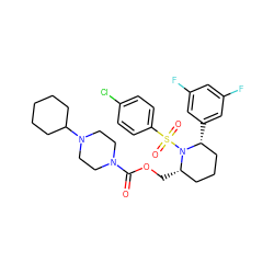 O=C(OC[C@H]1CCC[C@@H](c2cc(F)cc(F)c2)N1S(=O)(=O)c1ccc(Cl)cc1)N1CCN(C2CCCCC2)CC1 ZINC000028816535